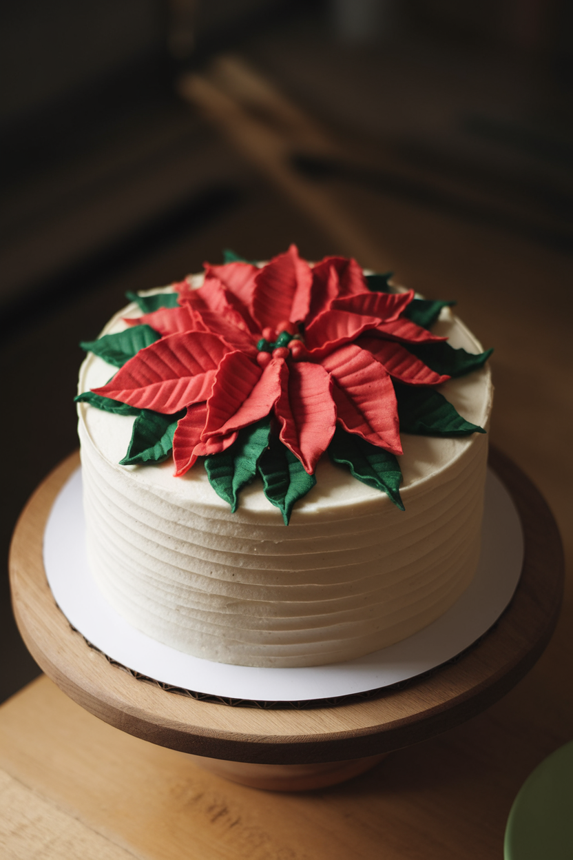 Elegant round cake indoors, iced in ivory buttercream and crowned with carefully piped red and green buttercream poinsettia petals radiating from the center. Gentle spotlight, no branding.