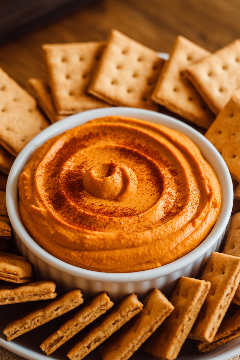 Indoor serving bowl of creamy pumpkin pie dip surrounded by graham crackers for dipping; no logos. Photo, not illustration.