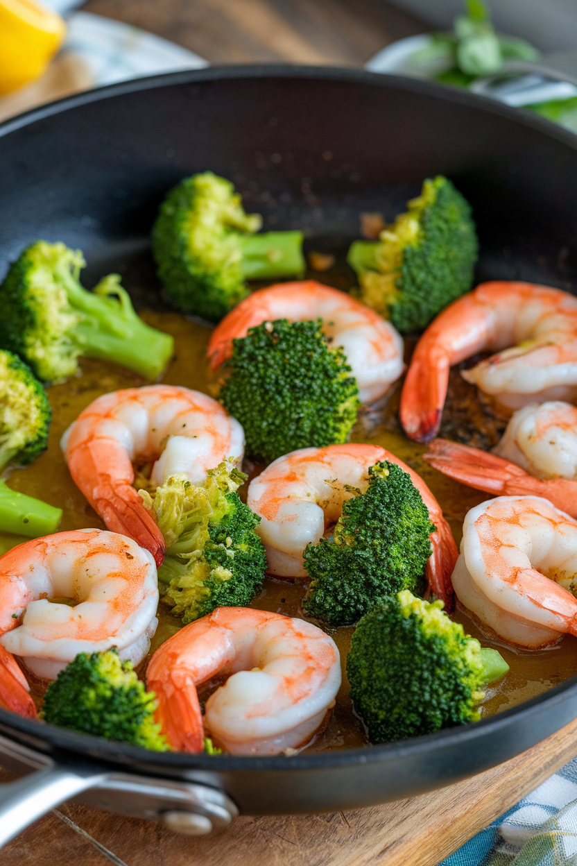 Indoor skillet scene with cooked garlic shrimp and bright green broccoli florets glazed in light sauce. No text or logos visible.