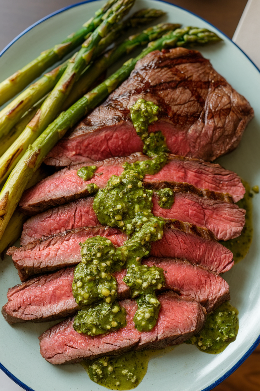 Photo of sliced medium-rare flank steak fanned across a plate, bright green chimichurri drizzled over, grilled asparagus alongside. Indoor setting, no text or logos.</Prompt
