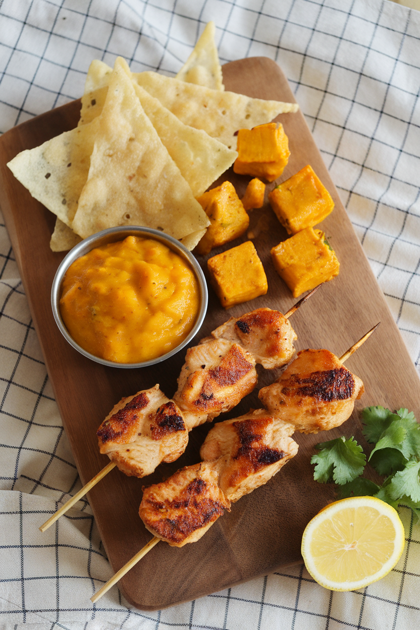 Indoor photo of a wooden board holding cooked chicken tikka bites, paneer cubes, mango chutney, and papadum shards; no logos or text.