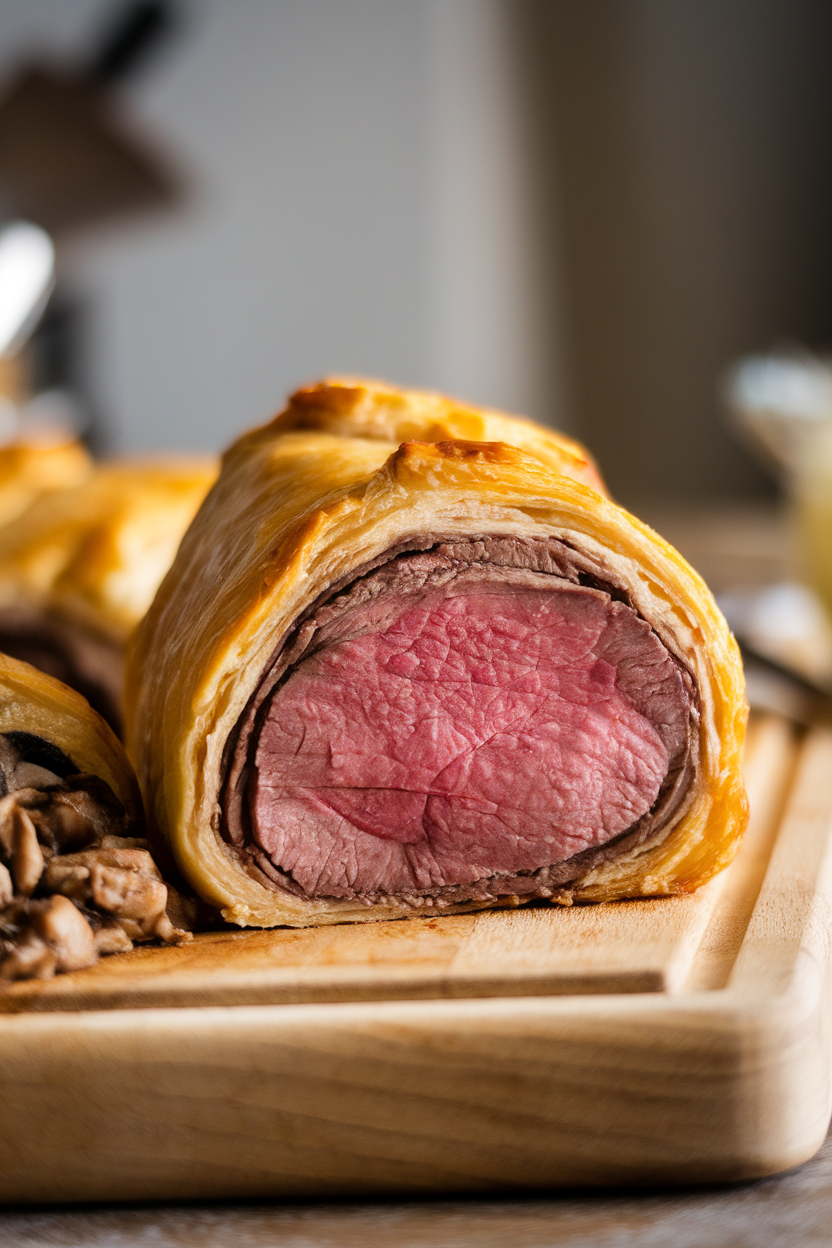 Indoor photo of a puff-pastry wrapped beef tenderloin sliced to reveal pink center, set on a cutting board with mushroom duxelles visible; no text or logos