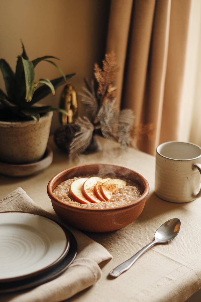 An indoor photo of a ceramic bowl of steaming quinoa porridge topped with sliced apples and a dusting of cinnamon, placed on a cozy breakfast table. No text or logos.