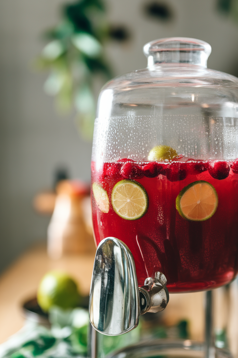 Indoor beverage dispenser of ruby-red punch with floating cranberries and lime wheels, condensation on glass. No text or logos. Photo only.