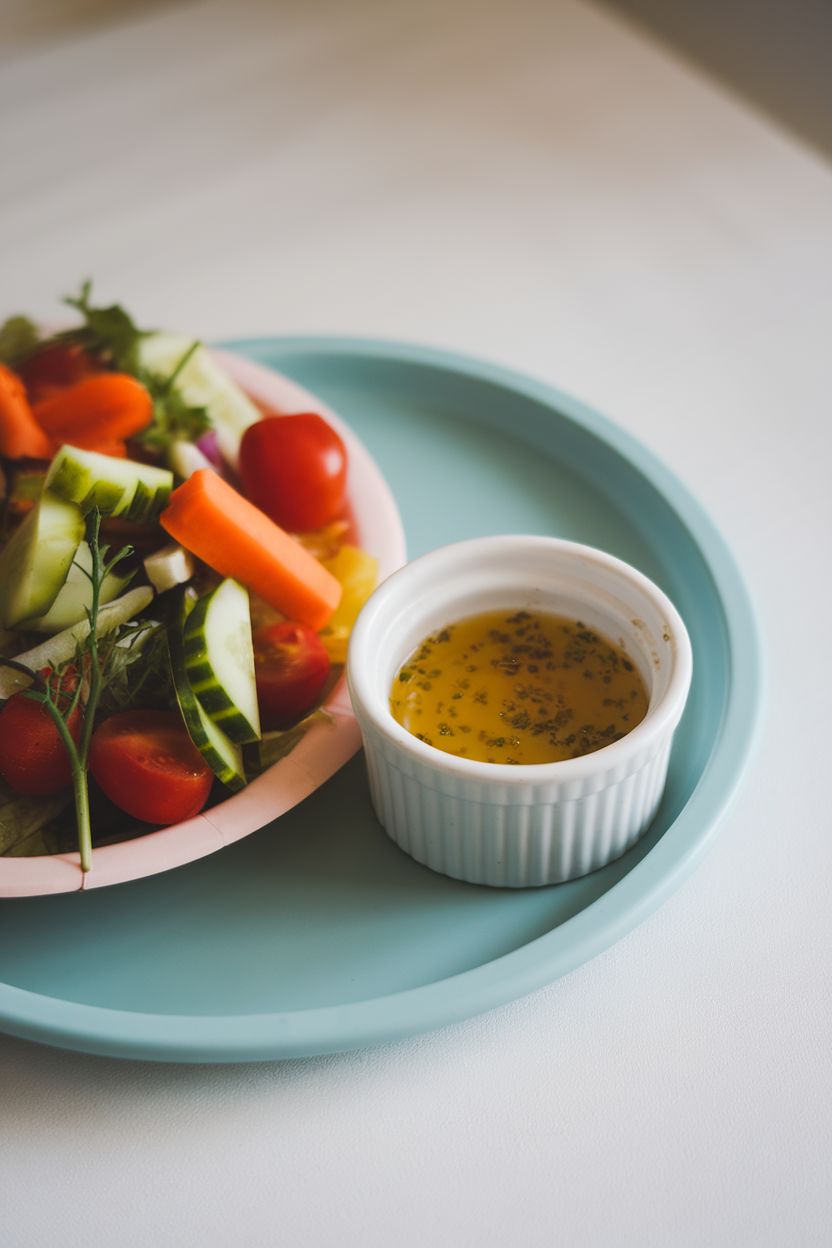 Indoor photo of a small ramekin of vinaigrette next to a colorful salad on a child’s plate, no text or logos