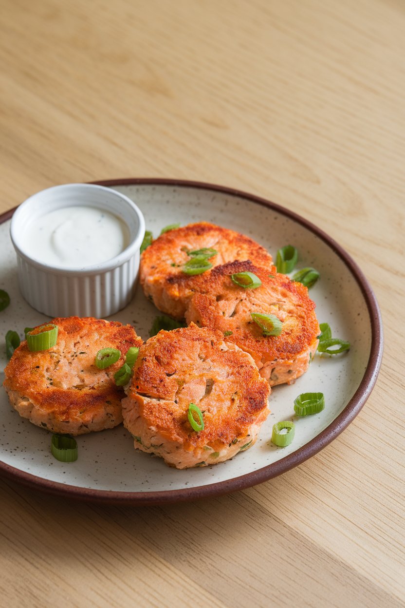 A ceramic indoor plate with golden pan-seared salmon cakes garnished with scallions, small ramekin of yogurt sauce nearby. No text or logos; photo only.