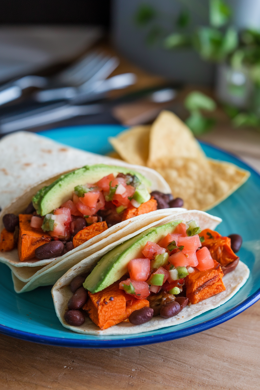 Photo of an indoor plate with soft tortillas filled with spiced roasted sweet potatoes, black beans, avocado, and pico de gallo. No text or logos visible.