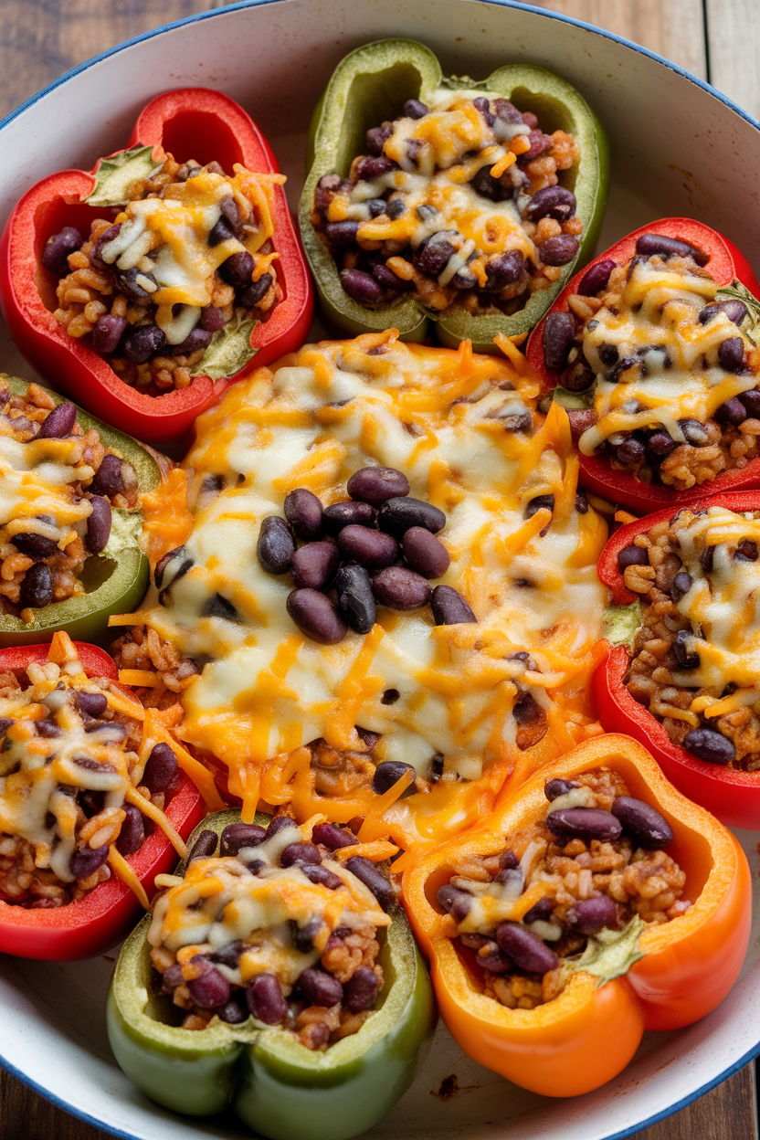 Photo of an indoor casserole dish holding colorful bell peppers stuffed with a black bean and brown rice mixture, cheese lightly melted on top. No logos on bakeware.