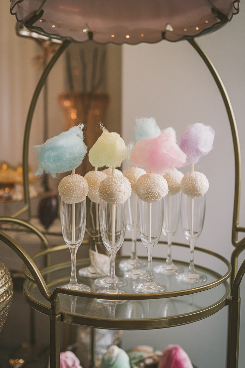 Photo, not illustration. Indoor whimsical dessert cart. White cake pops dusted with pearl sugar and topped with a small tuft of pastel cotton candy, served in a champagne flute. No text or logos.