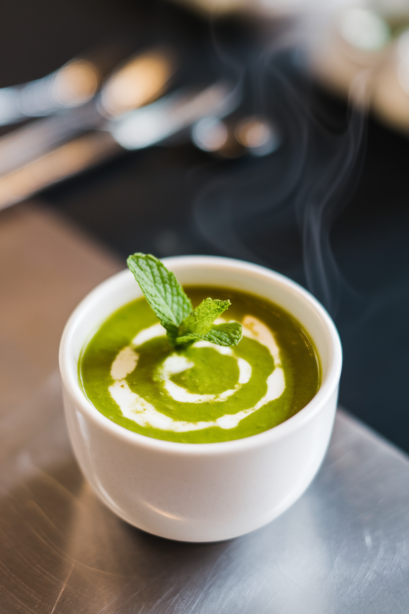 A small indoor cup of bright green pea soup garnished with a swirl of cream and fresh mint leaf, steam visible. No text or logos anywhere.