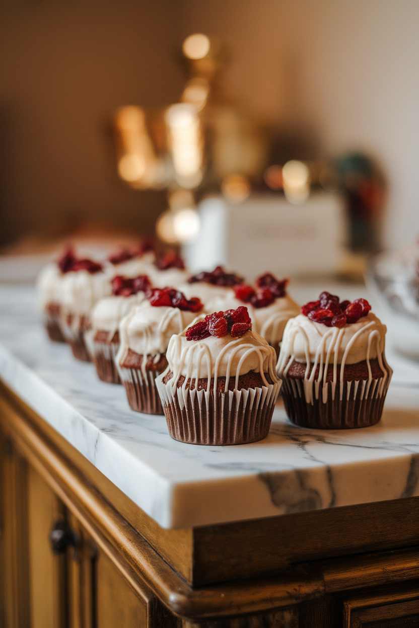 Photo of indoor marble counter with cupcakes drizzled in white chocolate and topped by a mound of dried cranberries, no text or logos.