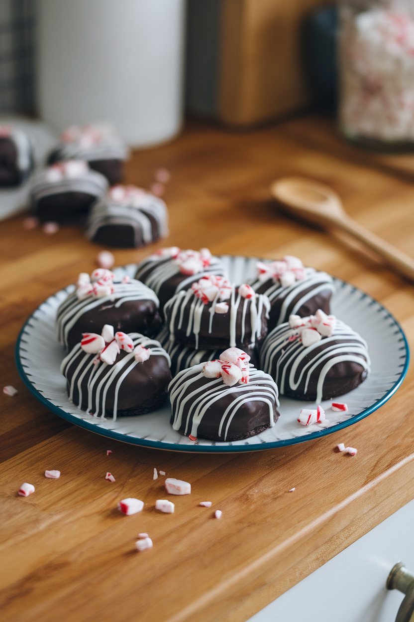 A plate on an indoor countertop with dark chocolate cookies topped with white chocolate drizzle and peppermint shards. Photo, no text or logos.