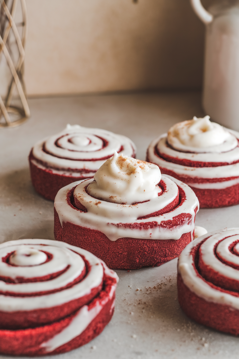 An indoor countertop with spirals of red velvet cinnamon rolls smothered in cream cheese frosting. No text or logos. Photo, not illustration.