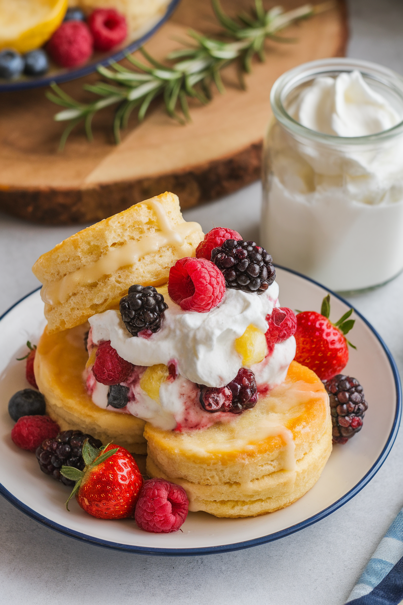 Indoor dessert plate with split lemon shortcake biscuits piled high with macerated mixed berries and whipped cream. No text or logos.
