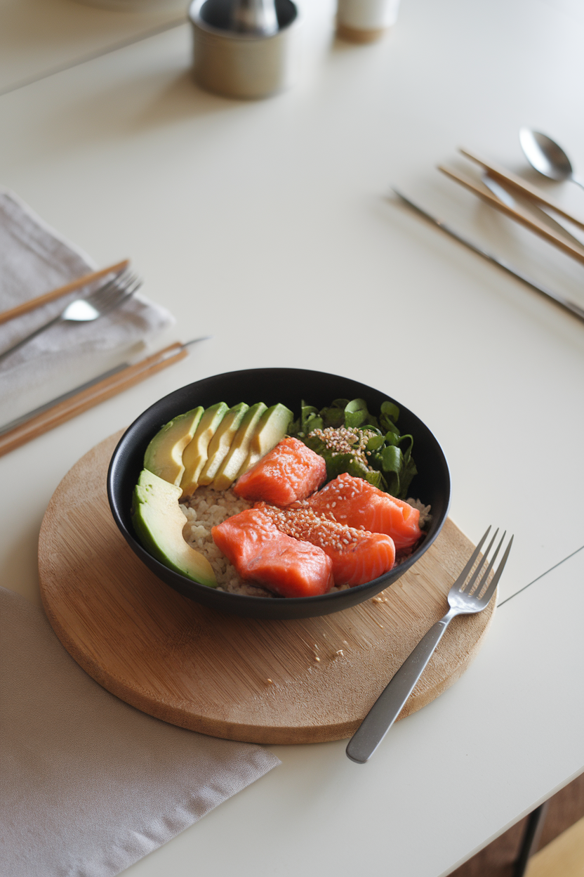Indoor dining table showing a bowl of cooked salmon chunks, avocado slices, steamed rice, and a sprinkle of sesame seeds. No text or logos; photo only.