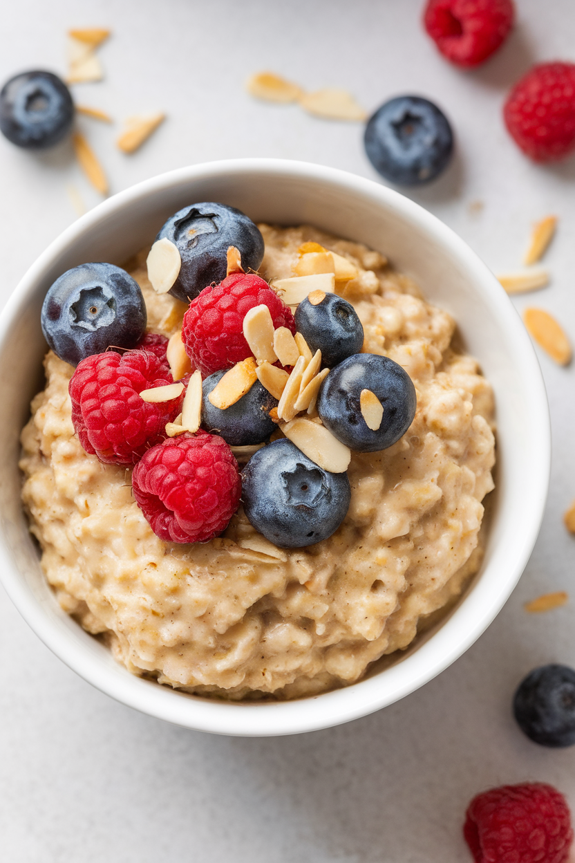 Indoor bowl photo of creamy cauliflower oatmeal topped with berries and almond slivers, no text or logos.