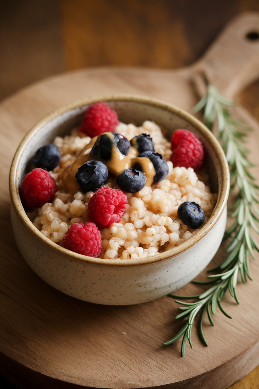 Indoor ceramic bowl photo of fluffy cooked millet studded with raspberries and blueberries, drizzle of almond butter on top, no text or logos.