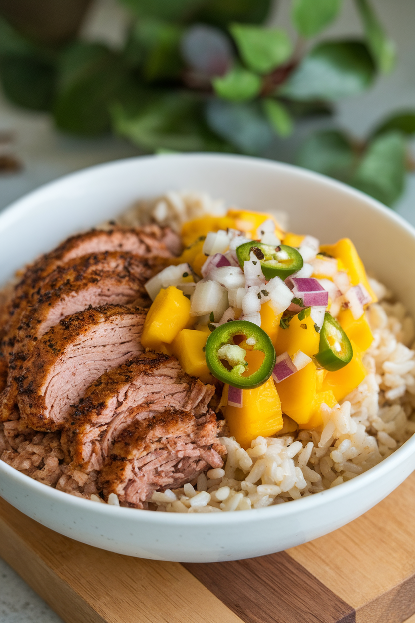 Indoor photo of a bowl containing jerk-spiced ground turkey, coconut brown rice, and bright mango salsa, no text or logos.