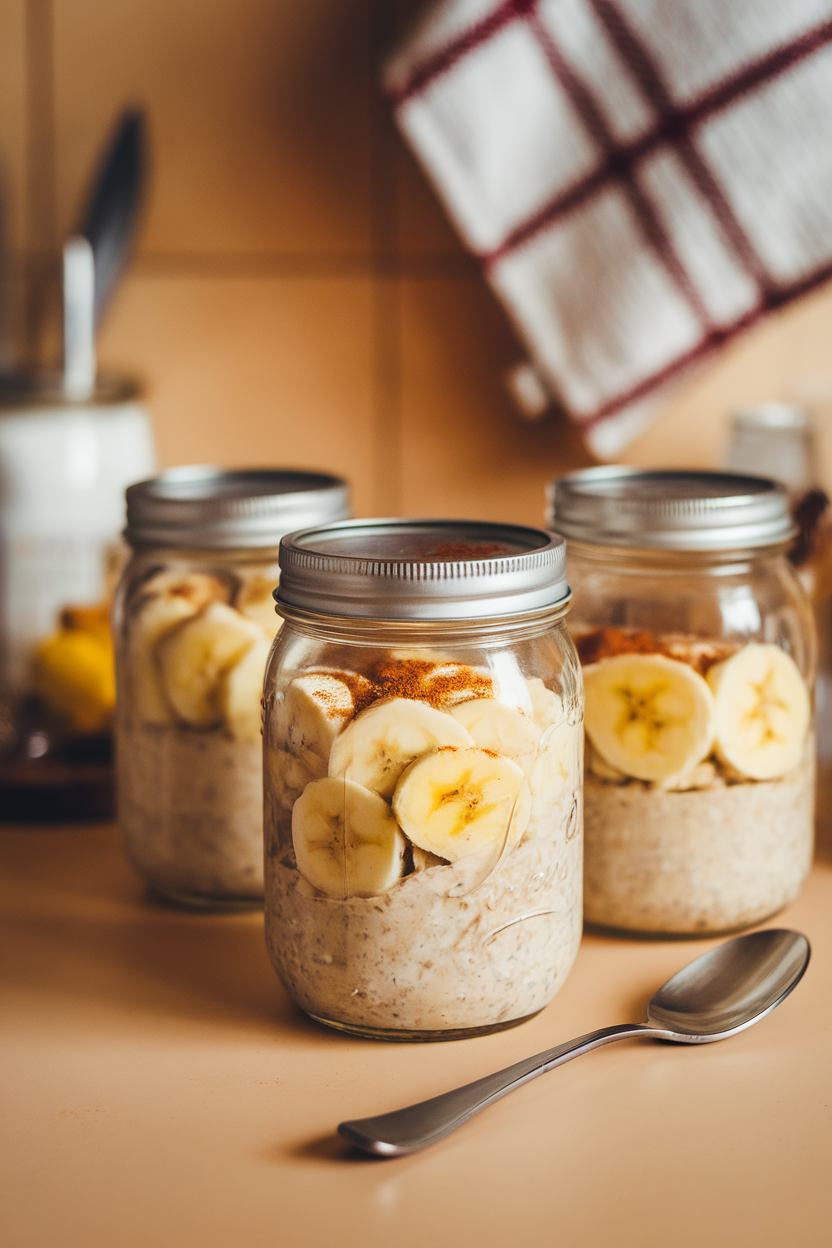 Photo, indoor countertop with three mason jars of overnight oats layered with sliced banana and cinnamon, warm light, no text or logos.