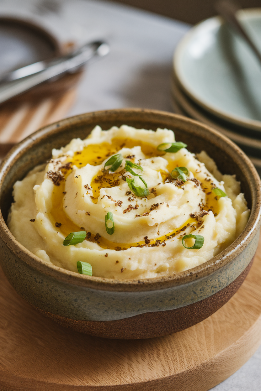 An indoor ceramic bowl filled with creamy mashed potatoes drizzled with truffle oil, photo, no text or logos.