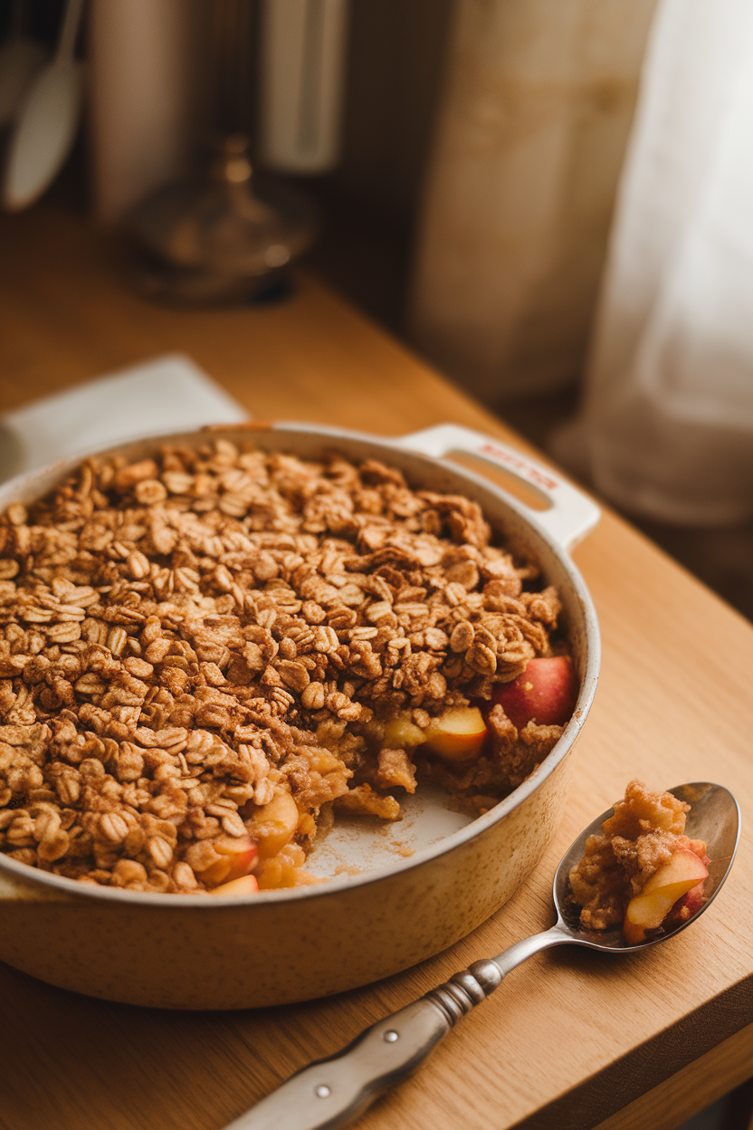An indoor wooden table holding a baking dish of bubbling apple crisp, oat topping browned and slightly crunchy, with a serving spoon beside—no text or logos; photo, not illustration