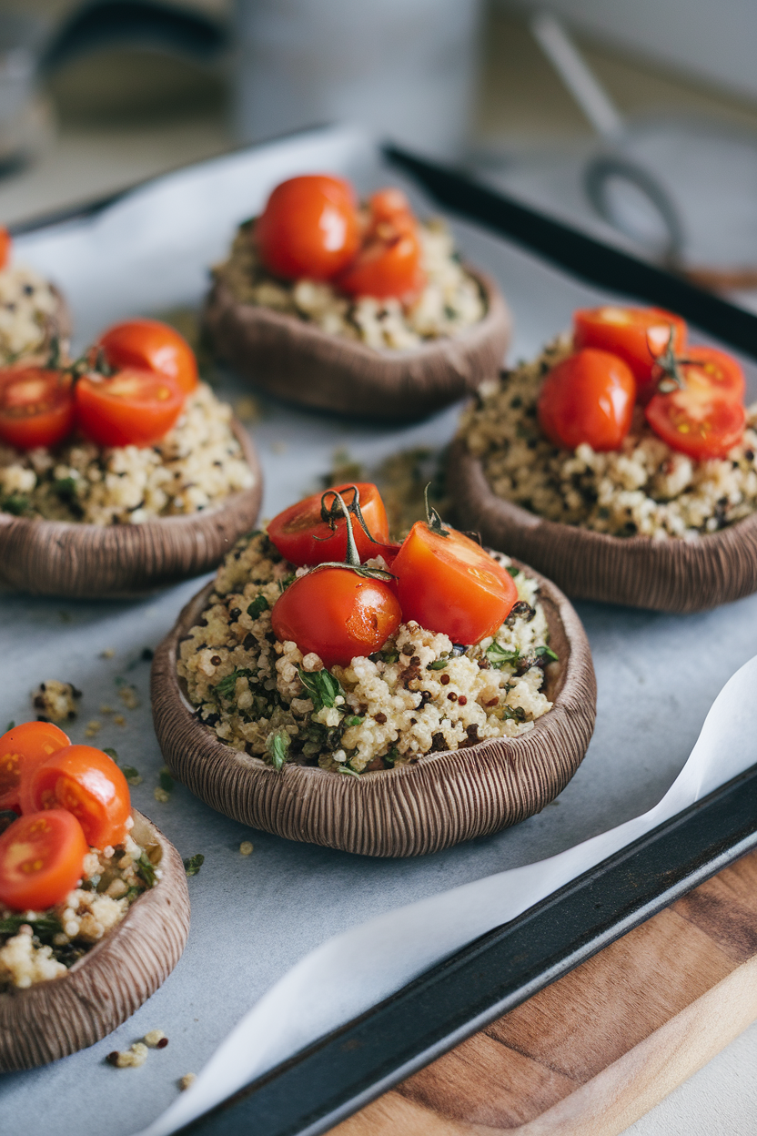 An indoor baking sheet with large portobello caps filled with herb-infused quinoa and cherry tomato halves. No logos or text present.
