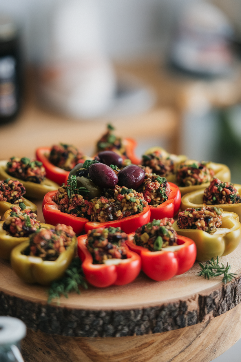 Indoor platter of halved mini sweet peppers filled with mixed olive tapenade. Photo only, no logos.