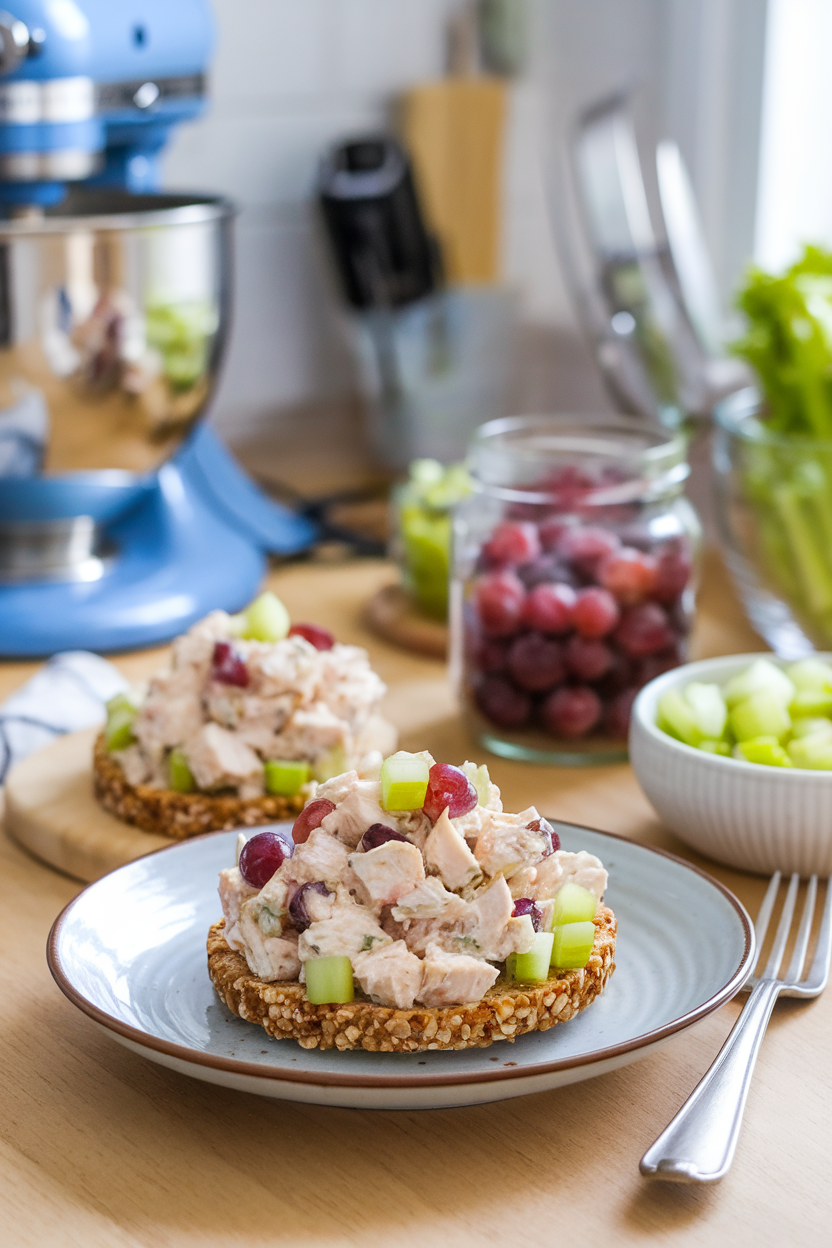 Indoor kitchen counter showing a bowl of chicken salad with diced grapes and celery, served on whole-grain crackers. No text or logos.