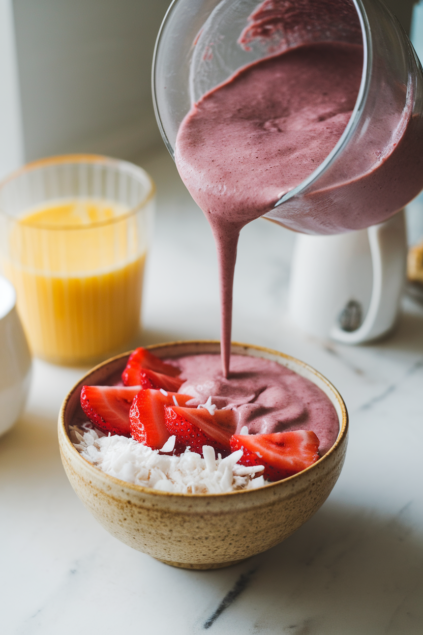 Photo of a thick purple smoothie poured into a bowl, topped with sliced strawberries and coconut flakes, taken indoors on a breakfast table. No text or logos. Photo, not illustration.