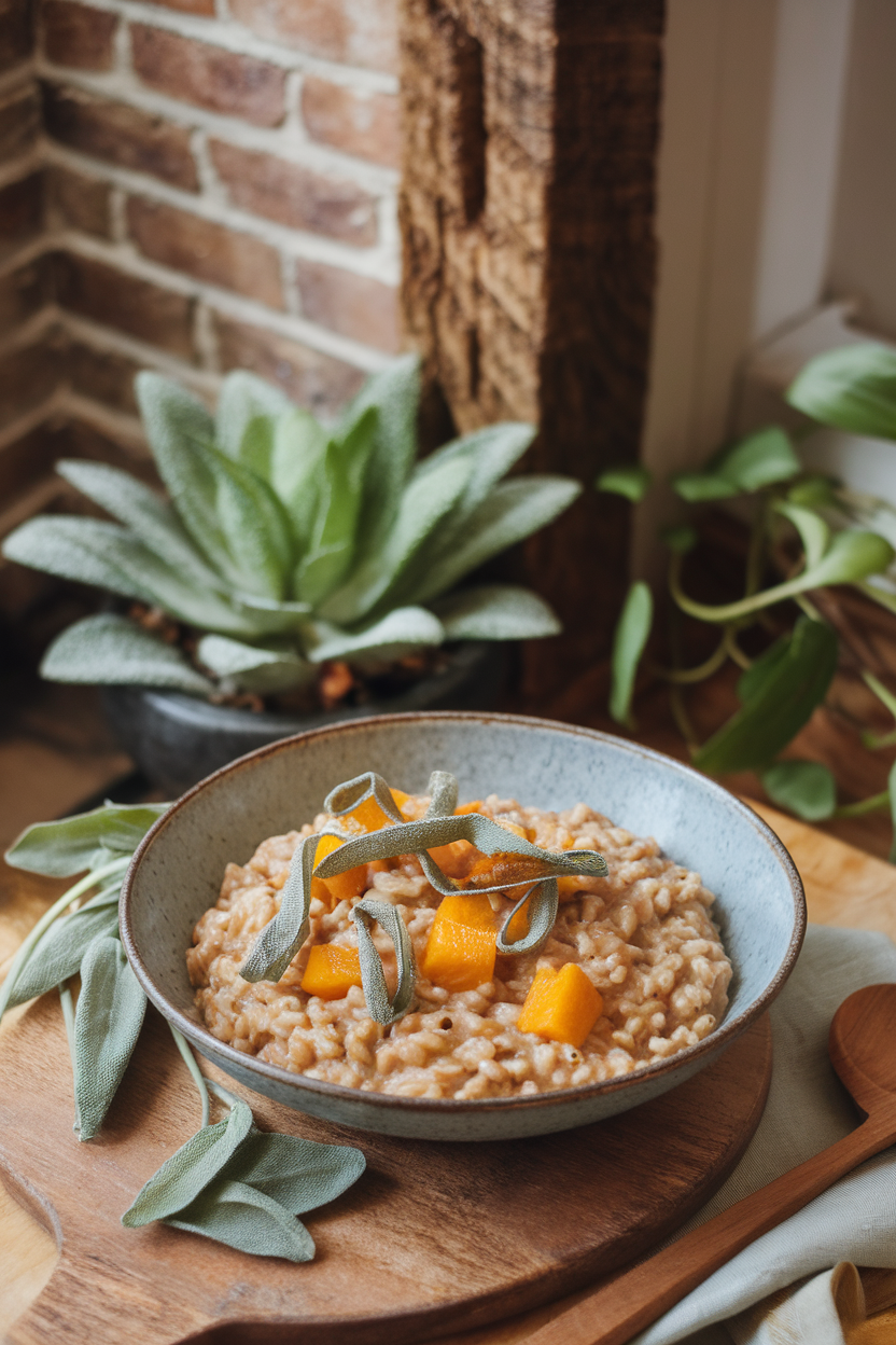 Cozy indoor dining room scene with a shallow bowl of creamy brown-rice risotto dotted with roasted butternut squash and fresh sage ribbons. No text or logos; photo only.