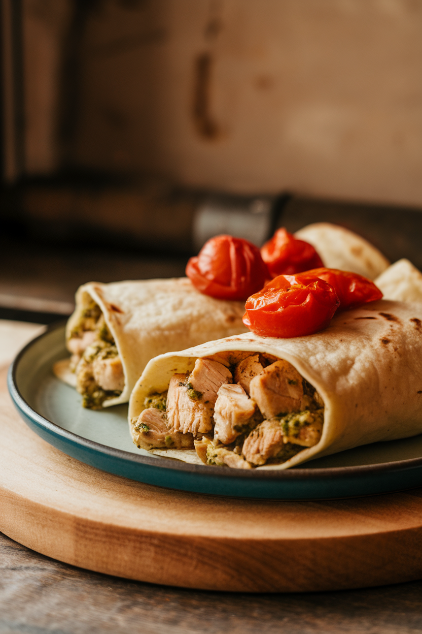 Photo of tortillas filled with chicken pieces and basil pesto, topped with roasted cherry tomatoes, indoor setting, no logos.