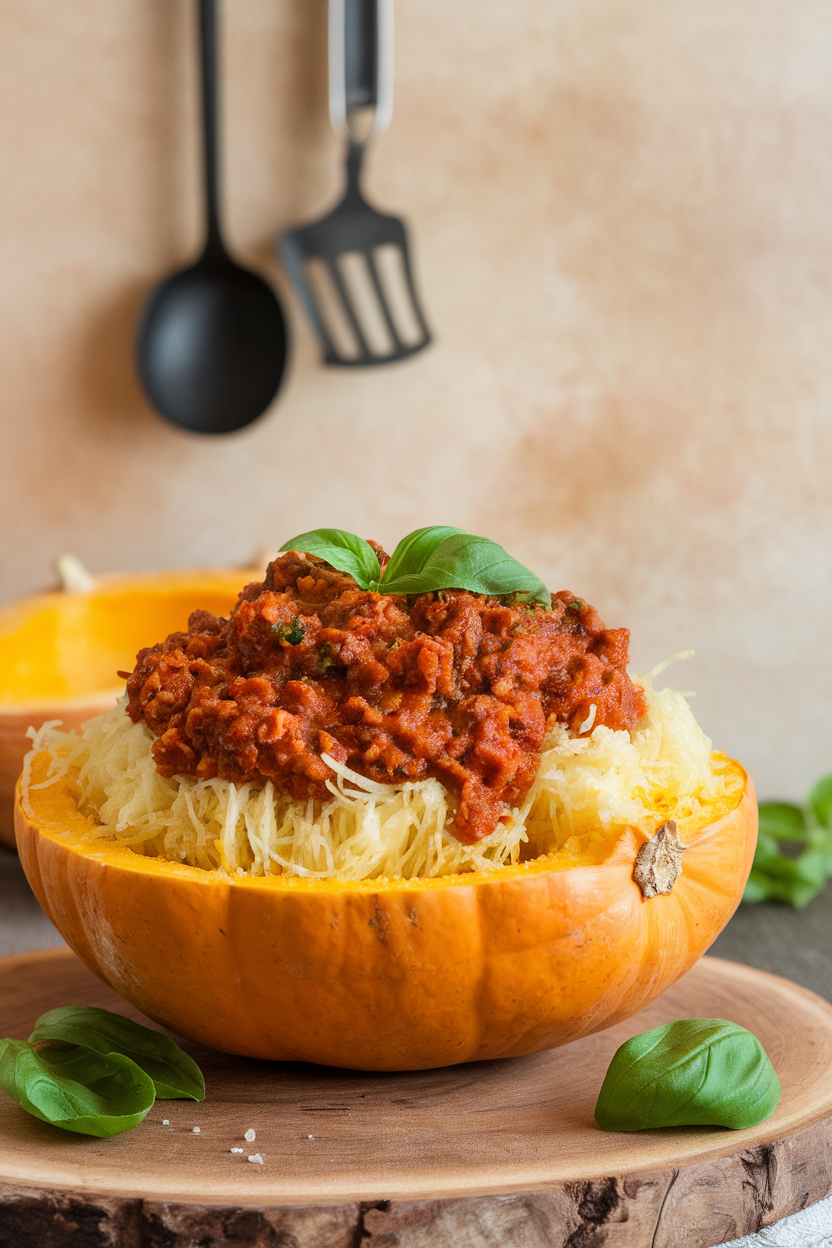 Halved spaghetti squash strands topped with rich turkey Bolognese sauce in a bowl indoors, no text or logos.