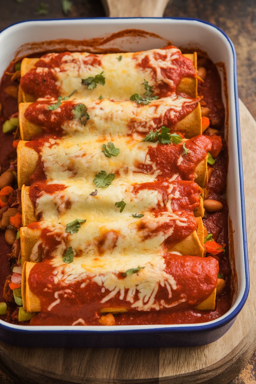 Indoor casserole of rolled enchiladas smothered in red sauce, beans visible inside; melted dairy-free cheese on top, no text or logos.