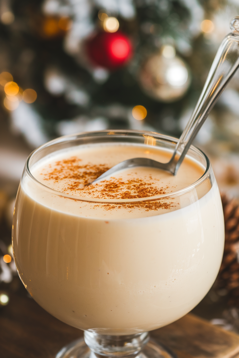 Indoor punch bowl of creamy eggnog sprinkled with nutmeg, glass ladle ready for serving. No text or logos. Photo only.