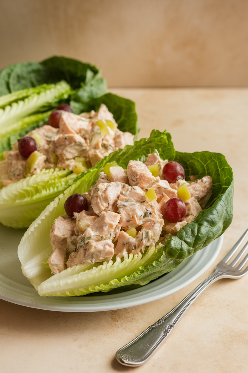 Photo of crisp romaine leaves filled with chicken salad dotted with grapes and celery, indoors. No text or logos. Photo, not illustration.