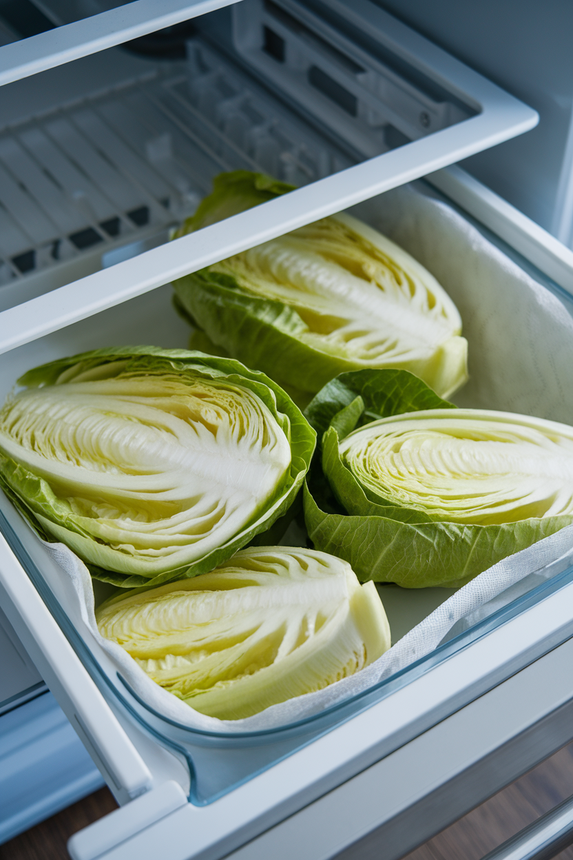 Photo, indoor refrigerator drawer with halved romaine hearts wrapped loosely in a damp paper towel, cool lighting, no logos.