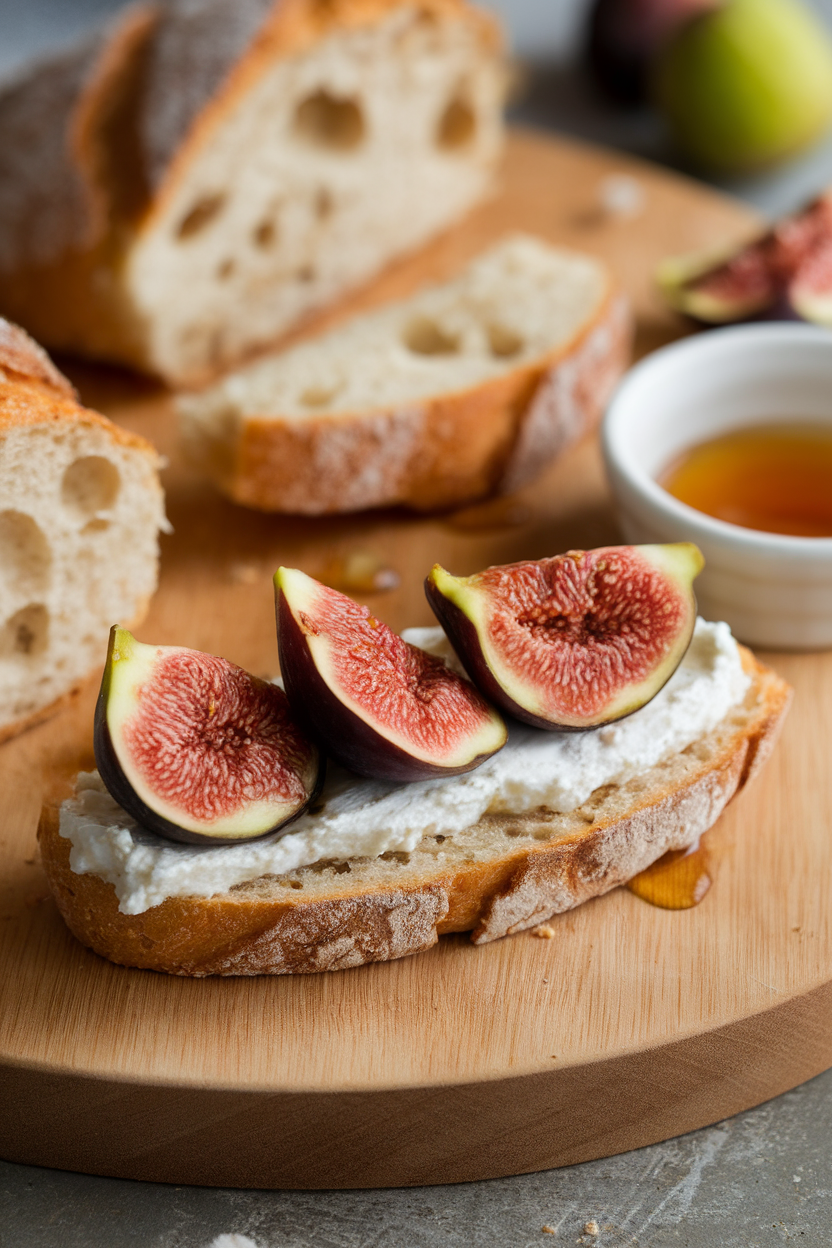 Indoor wooden board featuring toasted baguette slices spread with goat cheese and crowned with sliced fresh figs and a drizzle of honey; no text or logos