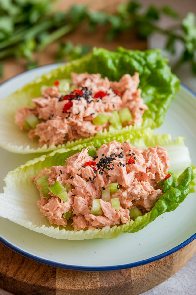 An indoor platter of crisp butter lettuce leaves filled with tuna salad flecked with red chili flakes. No text or logos present.