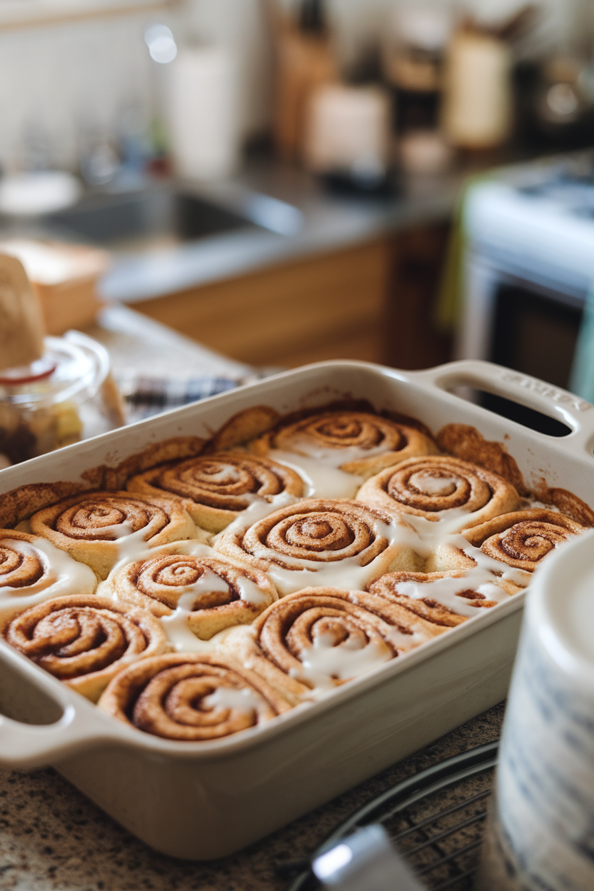A baking dish on an indoor countertop filled with gooey cinnamon roll casserole, cream cheese icing melting into the swirls. No text or logos. Photo, not illustration.