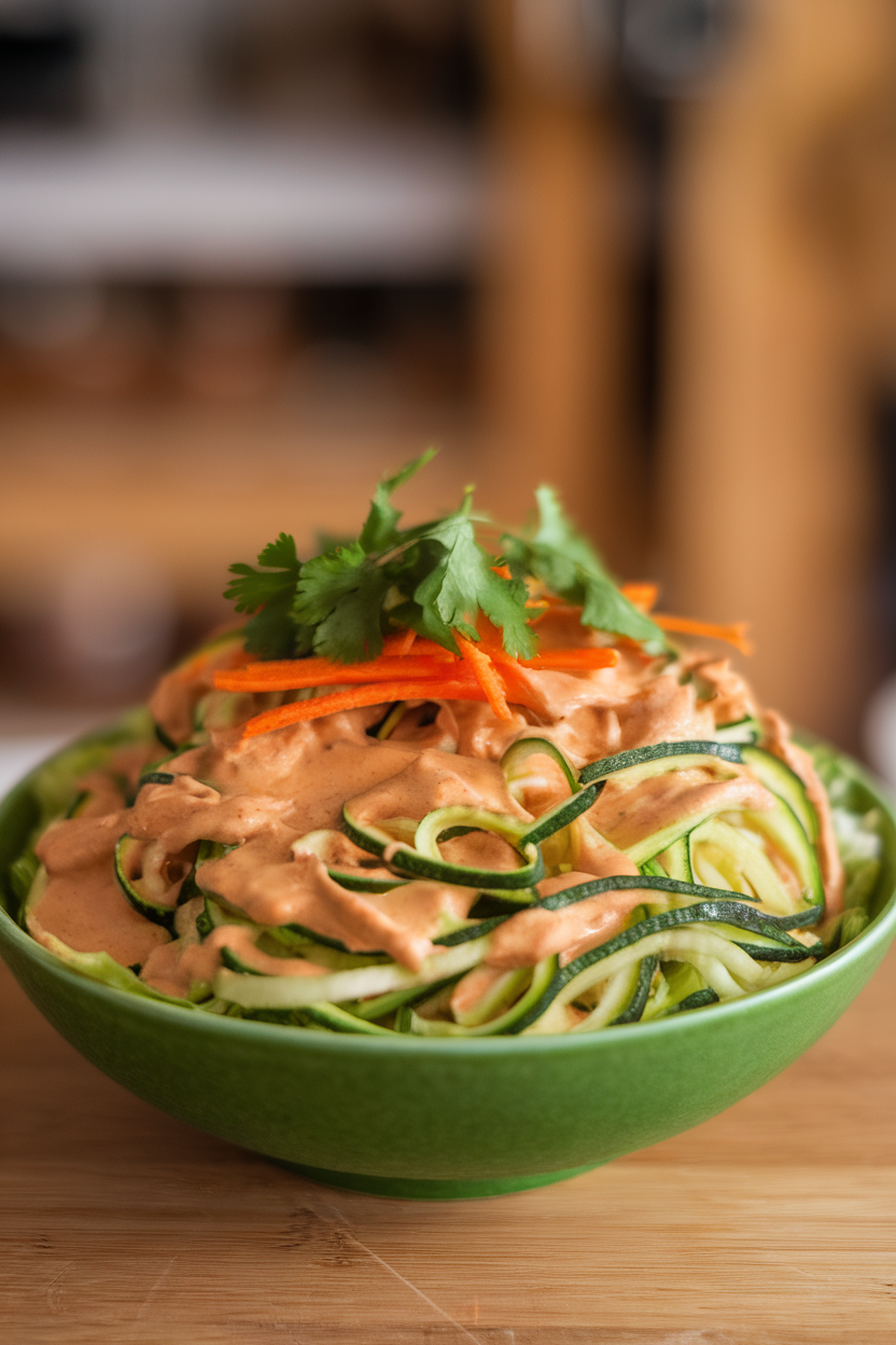 An indoor salad plate featuring zucchini noodles tossed in creamy peanut sauce with shredded carrots and cilantro. No text or logos present. Photo only.