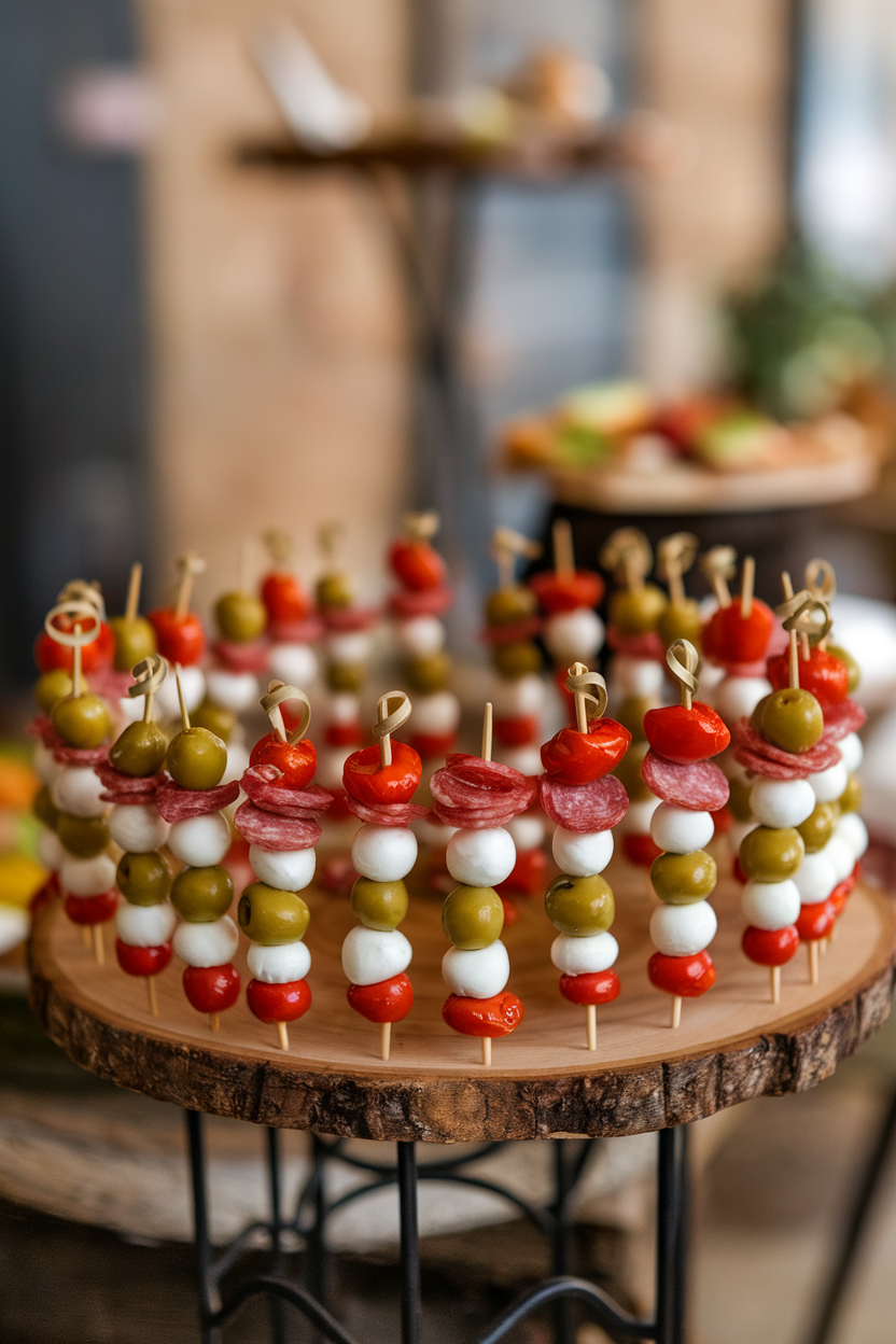 Photo indoors of a platter featuring small skewers threaded with mozzarella, salami, olives, and roasted peppers, arranged in alternating colors. No text or logos visible.