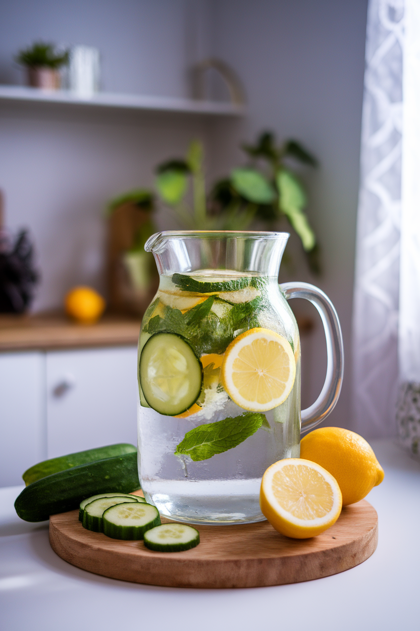 A glass pitcher of water infused with cucumber, mint, and lemon slices on a kitchen counter, indoor light. No text or logos. Photo, not illustration.