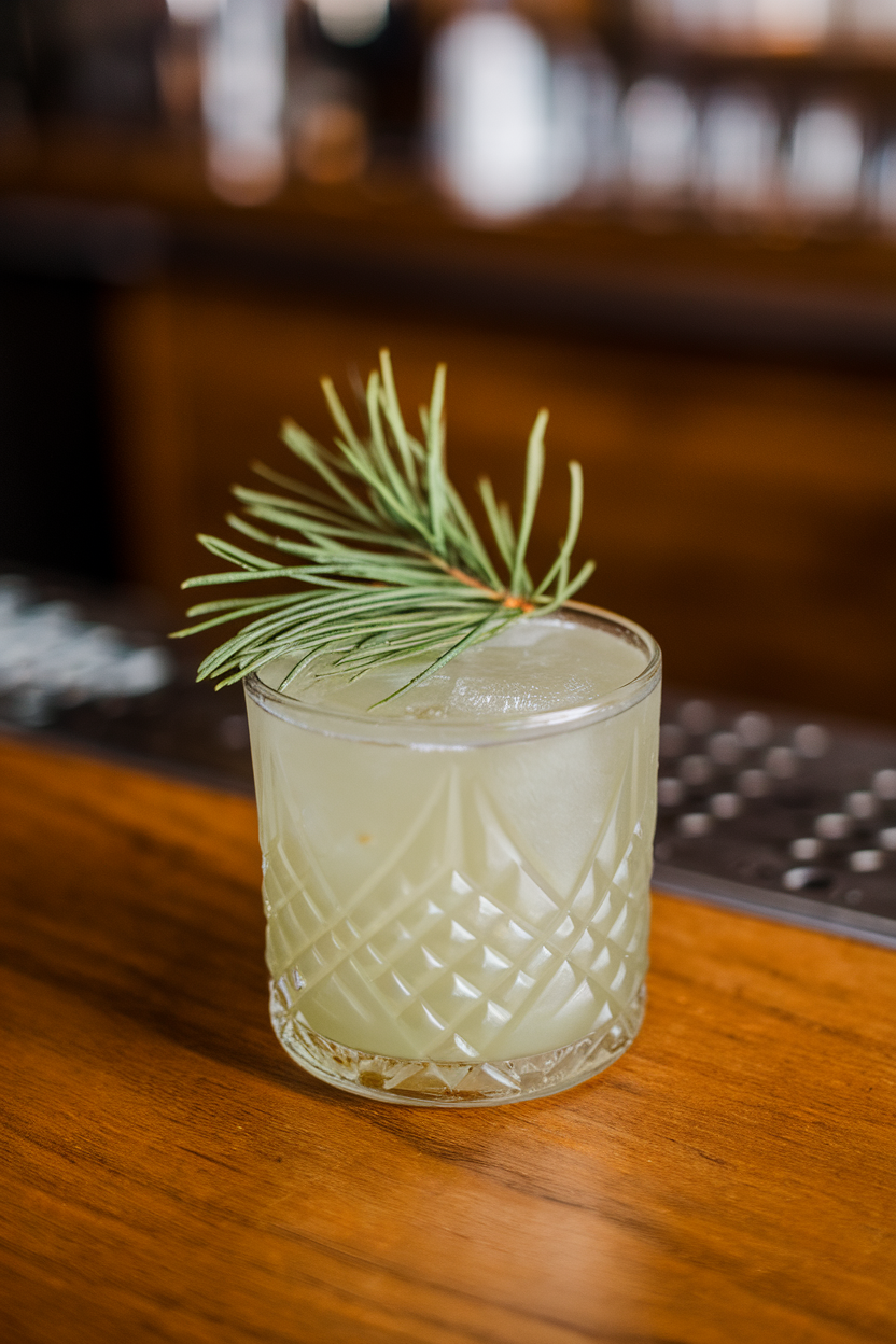 Indoor craft bar with a Nick & Nora glass of pale-green cocktail, delicate baby pine sprig floating on the surface. No text or logos; photograph, not illustration.