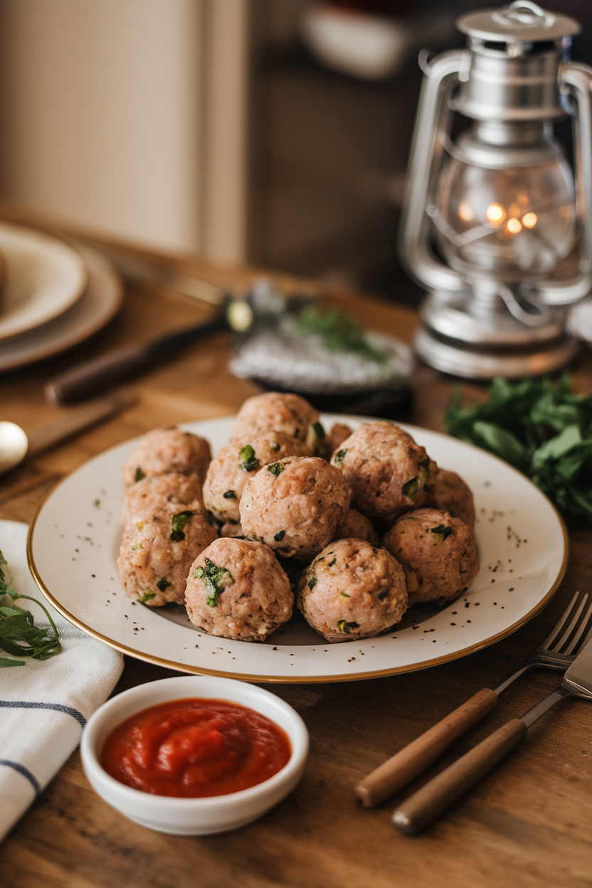 Warm indoor dining table scene highlighting a white plate of baked turkey meatballs dotted with green zucchini flecks, accompanied by a small bowl of marinara sauce. No text or logos in frame.