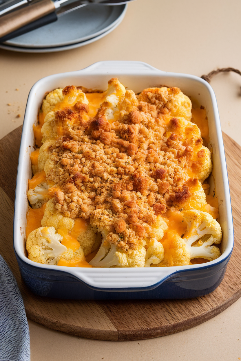 A casserole indoors of cauliflower florets blanketed by bubbling cheddar sauce, breadcrumb topping browned. No text or logos. Photo.