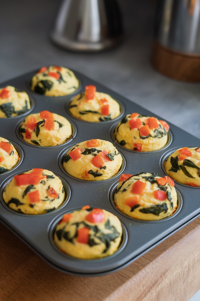 An indoor muffin tin containing colorful mini egg muffins studded with diced bell peppers and spinach. No text or logos. Photo only.
