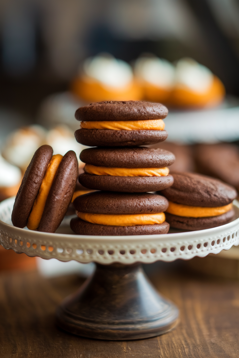 Stacked chocolate-pumpkin whoopie pies with orange filling on an indoor cake stand, no text or logos.