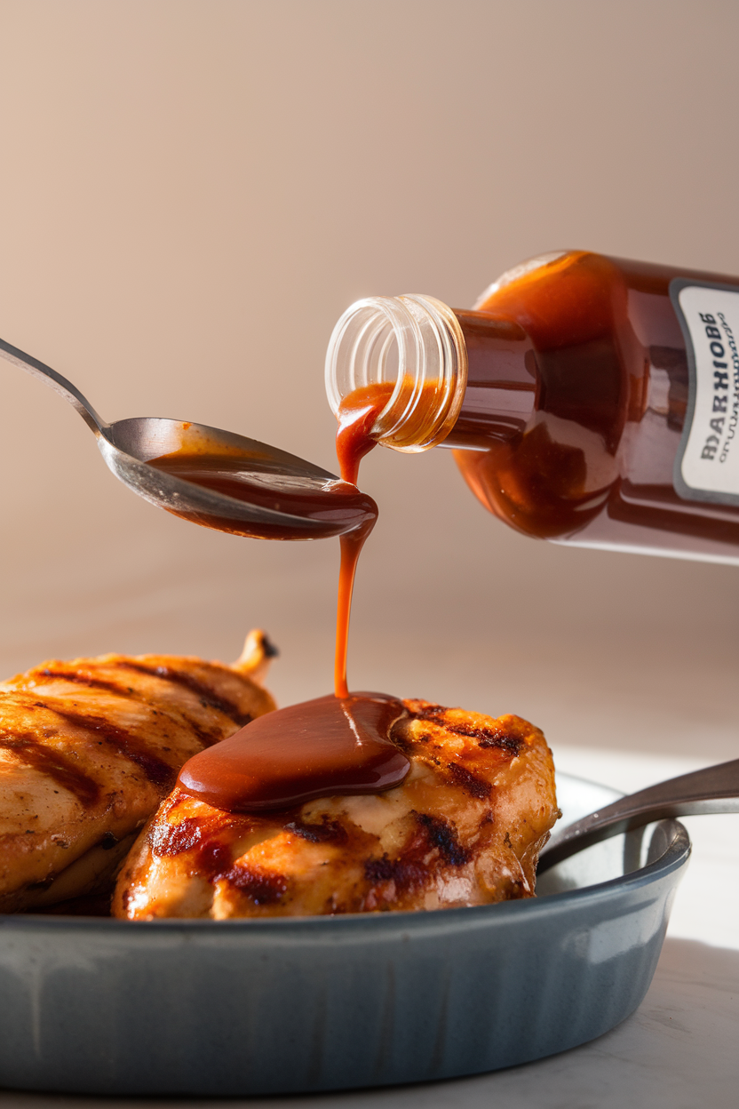 A teaspoon measuring out barbecue sauce onto grilled chicken indoors, bottle label turned away; no text or logos; photo