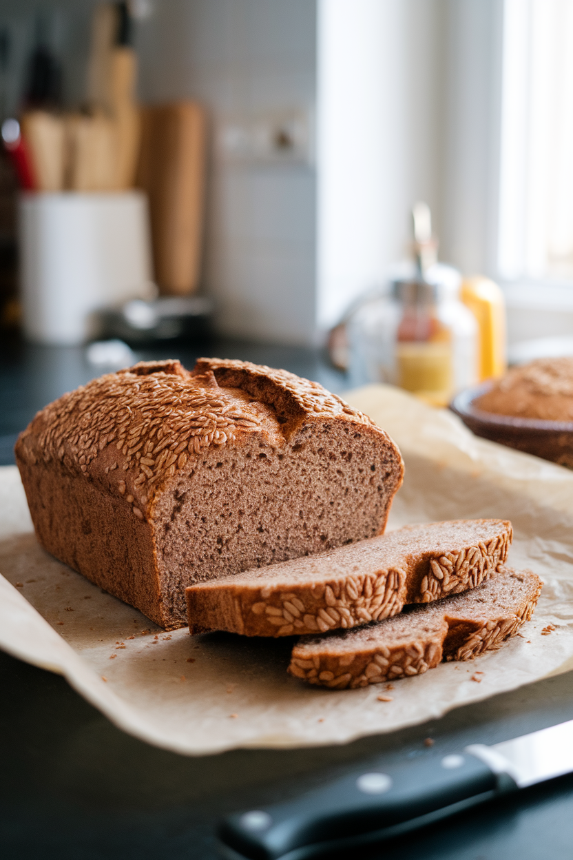 An indoor countertop scene featuring a sliced spelt and flaxseed loaf with visible flax specks, parchment paper underneath, soft window light. No text or logos. Photo only.