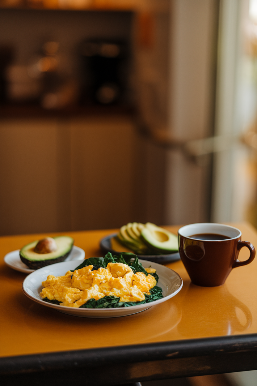 A warmly lit indoor table holding a plate of scrambled eggs with spinach, a side of sliced avocado, and a cup of black coffee; no text or logos in view; photo, not illustration